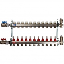 Группа коллекторная 1"-3/4" 11кон. (расходомеры, клапан вып. воздуха, слив, кран, терм.) нерж. STOUT (SMS 0907 000011)