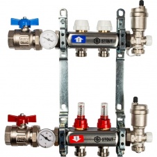 Группа коллекторная 1"-3/4" 2кон. (расходомеры, клапан вып. воздуха, слив, кран, терм.) нерж STOUT SMS 0907 000002