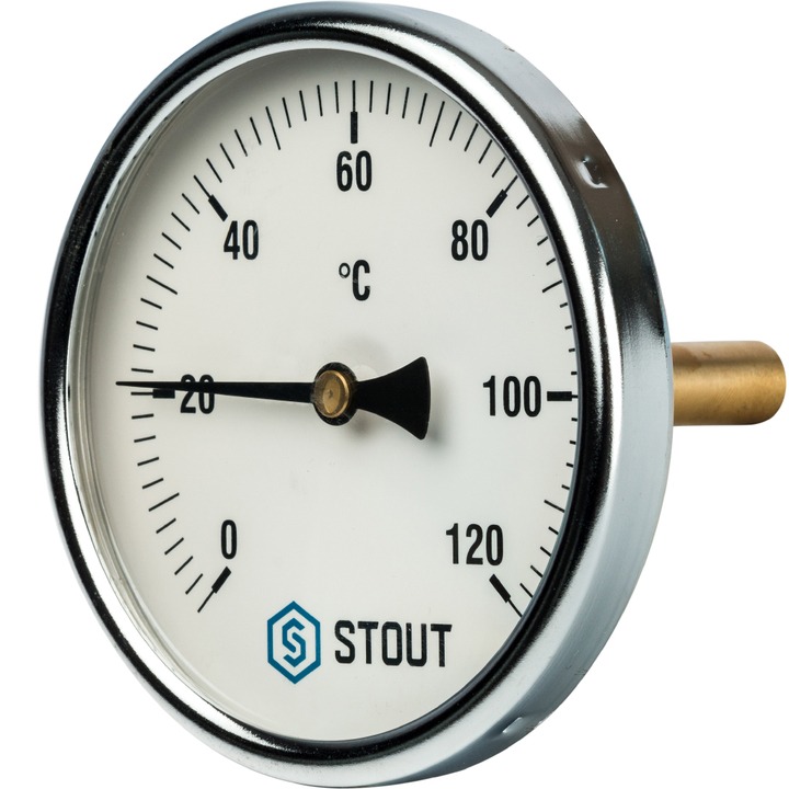 Термометр биметалл. Т100/75 (1/2", 120°С) с погружной гильзой STOUT