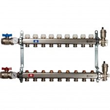Группа коллекторная 1"-3/4" 9кон. (БЕЗ расходомеров, клапан вып. воздуха, слив, кран, терм.) нерж STOUT (SMS 0912 000009)
