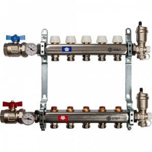 Группа коллекторная 1"-3/4" 5кон. (БЕЗ расходомеров, клапан вып. воздуха, слив, кран, терм.) нерж STOUT (SMS 0912 000005)