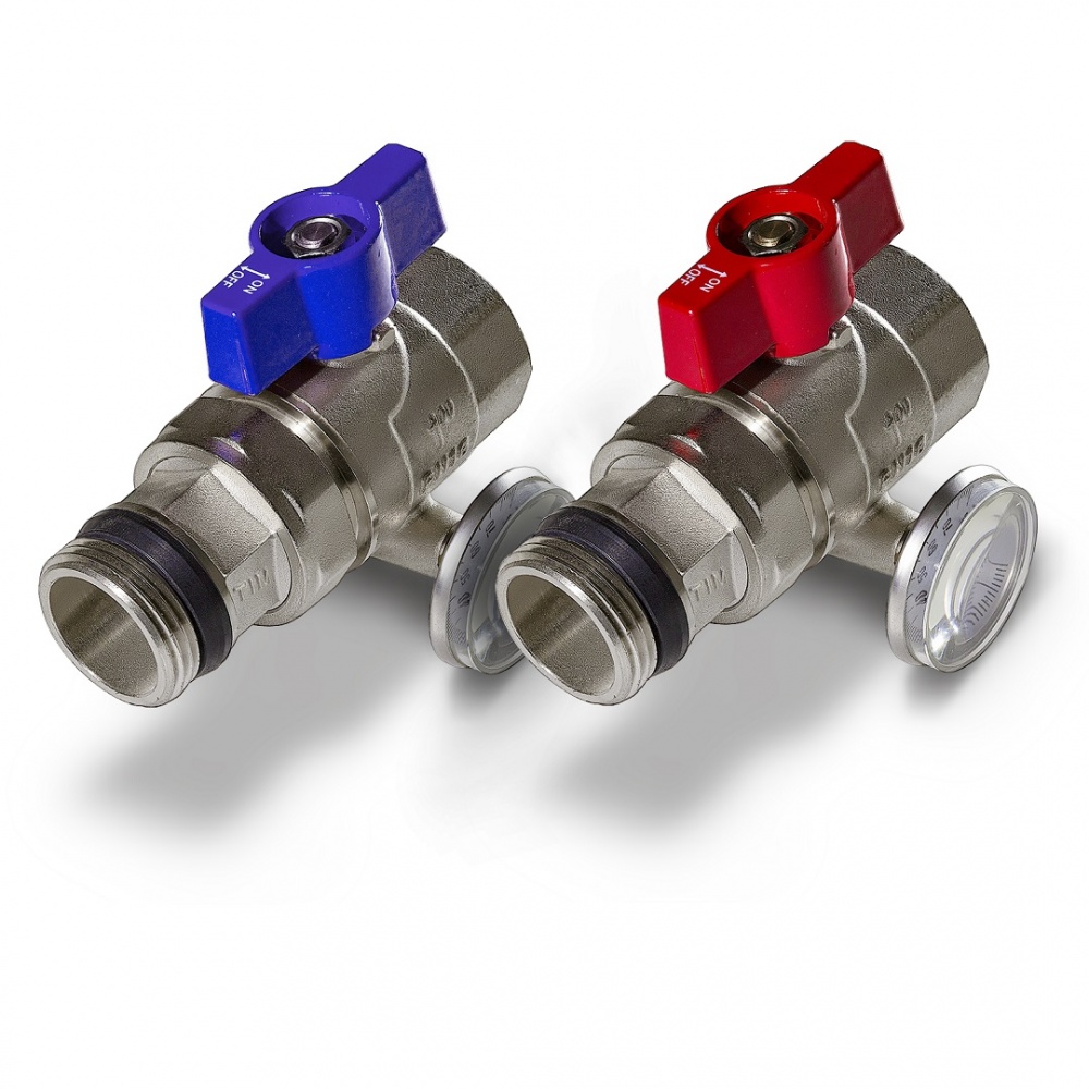 Краны шаровые 1" с термометром для коллектора (комплект 2 шт.) TIM