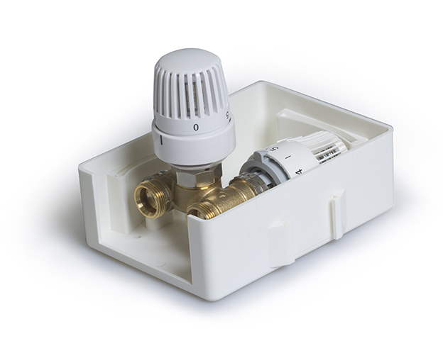 Регулировочный монтажный короб с термостатическим клапаном и ограничителем температуры обратного потока  с помощью вентиля UNI-RTL TIM